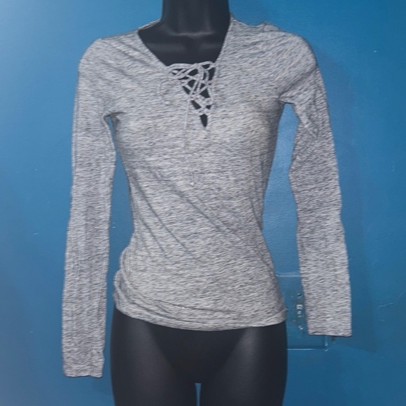 Gray Lace up Long sleeve top - Picture 1 of 3
